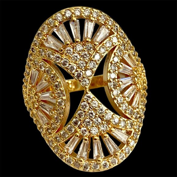 Art Deco Cubic Zirconia Cocktail Ring Yellow Gold Plated Size 7 8 9 Statement - Picture 15 of 15